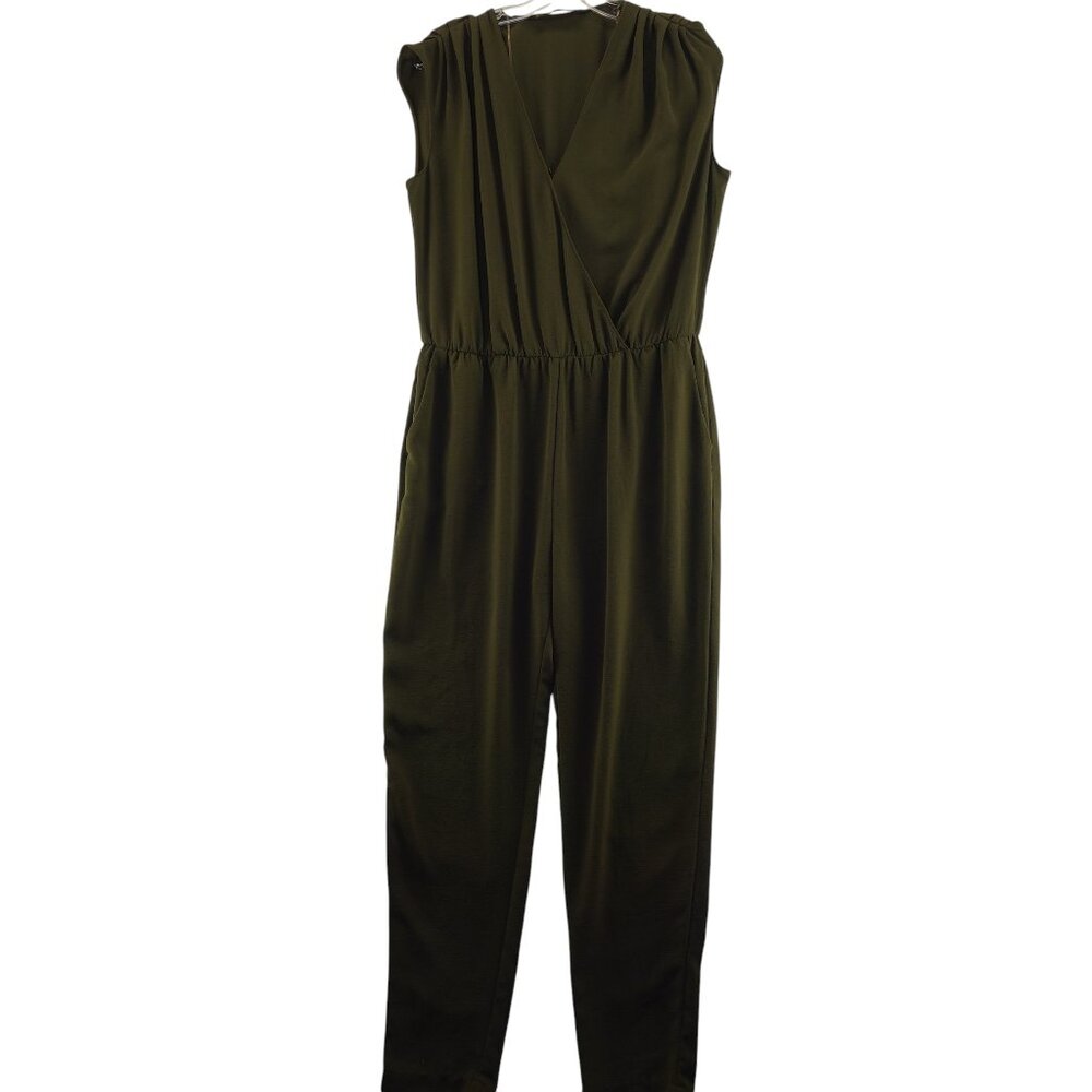 ZARA Basic Polyester Jumpsuit V-neck Dark Green W… - image 1